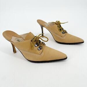 Manolo Blahnik Oklamod Tan Nubuck Timberland Lace Up Mule Heels IT 36.5